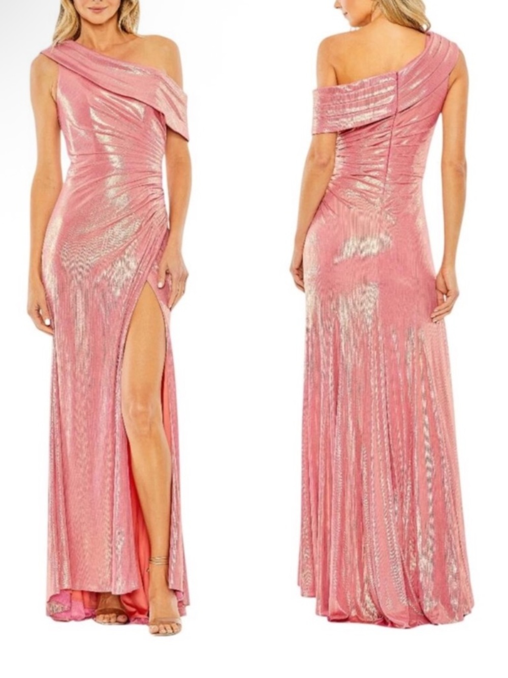 IEENA For MAC DUGGAL Metallic Coral High Slit Maxi Gown Dress 27153 NWT $498